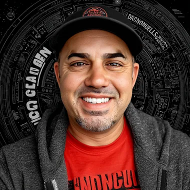 A smiling headshot of a slightly overweight male in his late thirties with black hair and short sideburns, wearing a red t-shirt and a gray jacket over it, with dark brown eyes. The background is a circular cyberpunk design with digital elements and symbols floating around the character. Vector style. Black background. Red details. White outlines. --oref    --ow 1000 --s 550 --sw 20