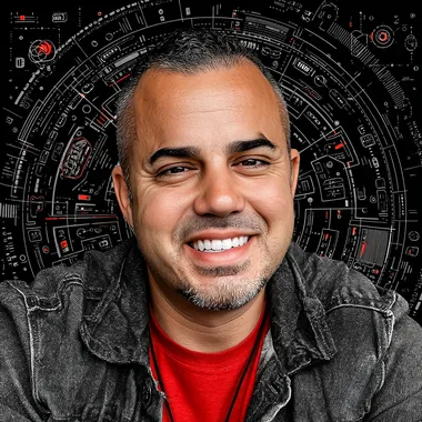 A smiling headshot of a slightly overweight male in his late thirties with black hair and short sideburns, wearing a red t-shirt and a gray jacket over it, with dark brown eyes. The background is a circular cyberpunk design with digital elements and symbols floating around the character. Vector style. Black background. Red details. White outlines. --oref    --ow 1000 --s 550 --sw 20
