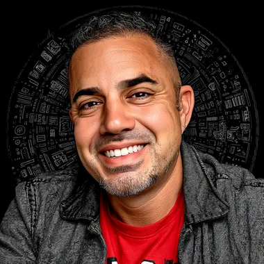 A smiling headshot of a slightly overweight male in his late thirties with black hair and short sideburns, wearing a red t-shirt and a gray jacket over it, with dark brown eyes. The background is a circular cyberpunk design with digital elements and symbols floating around the character. Vector style. Black background. Red details. White outlines. --oref    --ow 1000 --s 550 --sw 20