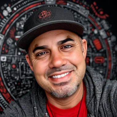 A smiling headshot of a slightly overweight male in his late thirties with black hair and short sideburns, wearing a red t-shirt and a gray jacket over it, with dark brown eyes. The background is a circular cyberpunk design with digital elements and symbols floating around the character. Vector style. Black background. Red details. White outlines. --oref    --ow 1000 --s 550 --sw 20