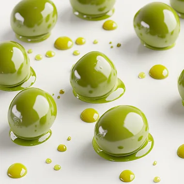 Hyper realistic green olives ont olive oil drops on them on white baclground