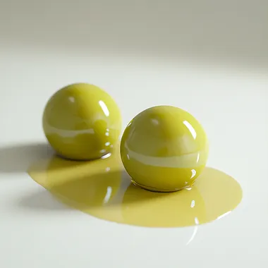 Hyper realistic green olives ont olive oil drops on them on white baclground