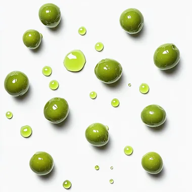 Hyper realistic green olives ont olive oil drops on them on white baclground