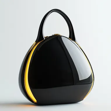 ergonomic handbag for women with future light concept, black and gold color, luxury for woman, minimal deisng, white studio, high details 8k