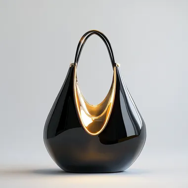 ergonomic handbag for women with future light concept, black and gold color, luxury for woman, minimal deisng, white studio, high details 8k