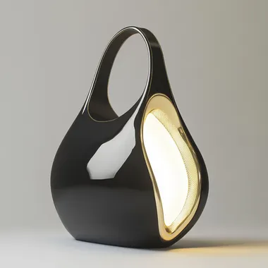 ergonomic handbag for women with future light concept, black and gold color, luxury for woman, minimal deisng, white studio, high details 8k