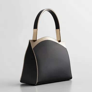 ergonomic handbag for women with future light concept, black and gold color, luxury for woman, minimal deisng, white studio, high details 8k
