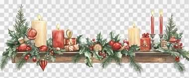 Illustration of vintage Christmas mantelpiece with garlands, candles and festive decorations isolated on white background