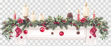 Illustration of vintage Christmas mantelpiece with garlands, candles and festive decorations isolated on white background