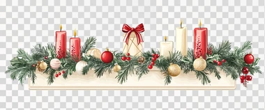 Illustration of vintage Christmas mantelpiece with garlands, candles and festive decorations isolated on white background