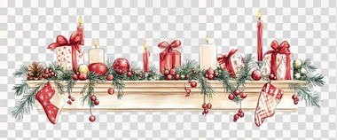 Illustration of vintage Christmas mantelpiece with garlands, candles and festive decorations isolated on white background
