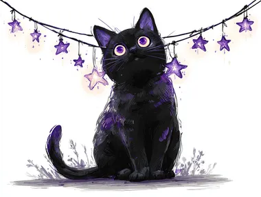 charming logo, a whimsical black cat with glowing amethyst eyes, playing with a string of stars that dangle in front of the cat and go across the top of the image, cute and mystical, modern illustration style, bold jewel tone colors, simple clean vector, isolated on a stark white background  --raw rofile xasrpr7