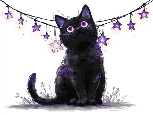 Whimsical Black Cat with Amethyst Eyes and Starry Play