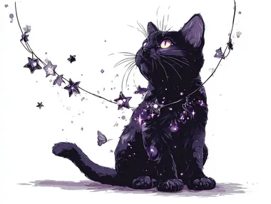 charming logo, a whimsical black cat with glowing amethyst eyes, playing with a string of stars that dangle in front of the cat and go across the top of the image, cute and mystical, modern illustration style, bold jewel tone colors, simple clean vector, isolated on a stark white background  --raw rofile xasrpr7