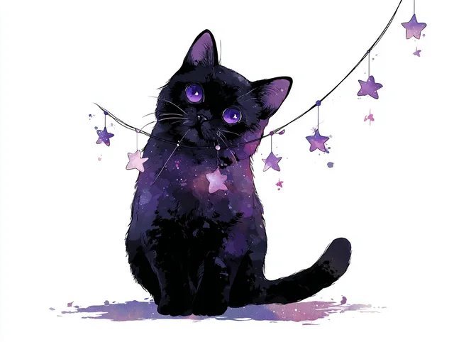 Whimsical Black Cat with Glowing Amethyst Eyes