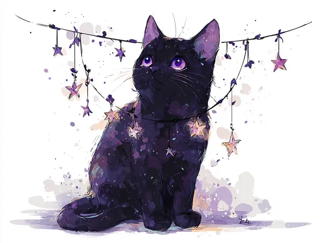 Whimsical Black Cat with Amethyst Eyes and Starry String