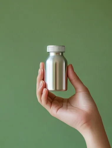 hand holding small aluminium vitamin bottle, green background