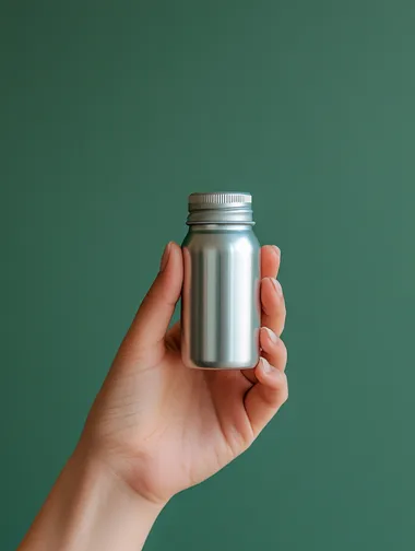 hand holding small aluminium vitamin bottle, green background