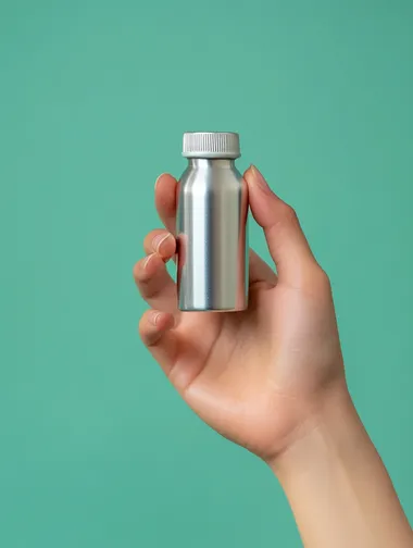 hand holding small aluminium vitamin bottle, green background