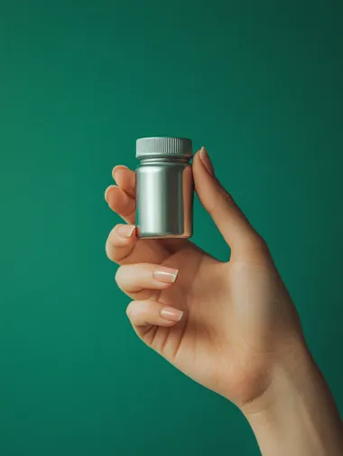 hand holding small aluminium vitamin bottle, green background