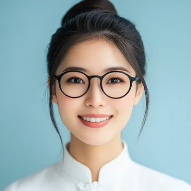 A young and beautiful Asian woman in her 40 s, wearing a white Chinese cheongsam, smiling, front close-up, long black hair, bun, black glasses, small eyes, round eyes, light blue background