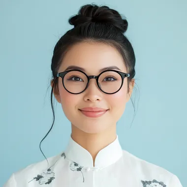 A young and beautiful Asian woman in her 40 s, wearing a white Chinese cheongsam, smiling, front close-up, long black hair, bun, black glasses, small eyes, round eyes, light blue background