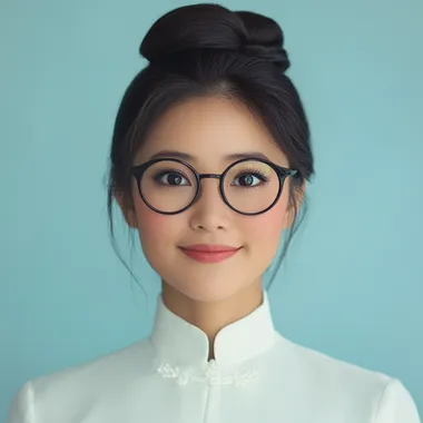 A young and beautiful Asian woman in her 40 s, wearing a white Chinese cheongsam, smiling, front close-up, long black hair, bun, black glasses, small eyes, round eyes, light blue background