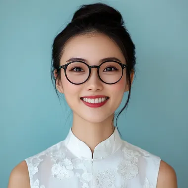 A young and beautiful Asian woman in her 40 s, wearing a white Chinese cheongsam, smiling, front close-up, long black hair, bun, black glasses, small eyes, round eyes, light blue background