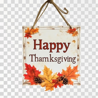 A hanging sign that reads "Happy Thanksgiving" on a white background