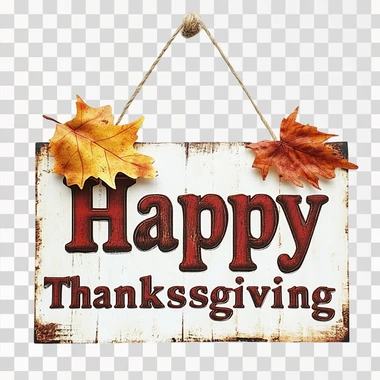 A hanging sign that reads "Happy Thanksgiving" on a white background