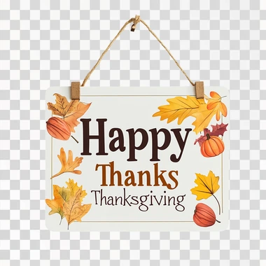 A hanging sign that reads "Happy Thanksgiving" on a white background