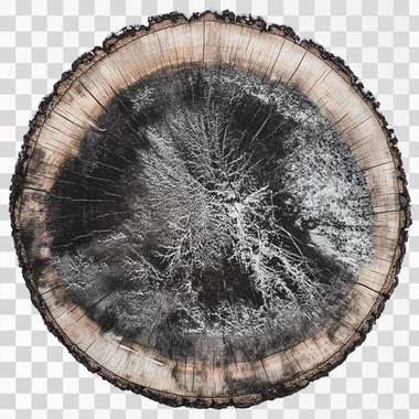Create a high quality photo with a full circular cut of a larch tree trunk, around a white background.