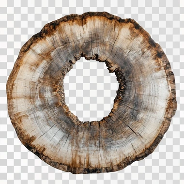 Create a high quality photo with a full circular cut of a larch tree trunk, around a white background.