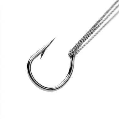 a silver fishing hook head down, hanging by a fishing cable  rofile mwaq4ne  --raw