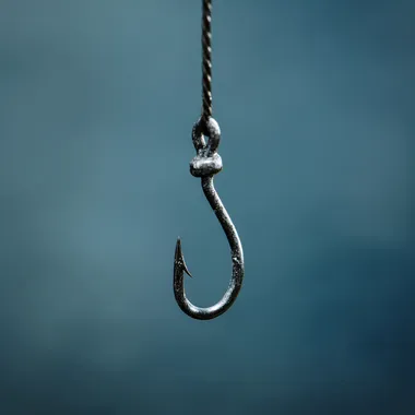 a silver fishing hook head down, hanging by a fishing cable  rofile mwaq4ne  --raw
