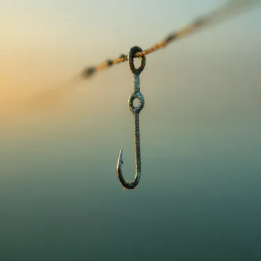 a silver fishing hook head down, hanging by a fishing cable  rofile mwaq4ne  --raw
