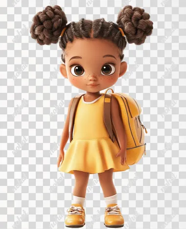 A lovely little girl, wearing a pair of Fried Dough Twists braids, wearing a yellow sports dress, carrying a backpack, full body front view, high-definition large picture, pure white background