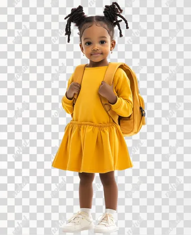 A lovely little girl, wearing a pair of Fried Dough Twists braids, wearing a yellow sports dress, carrying a backpack, full body front view, high-definition large picture, pure white background