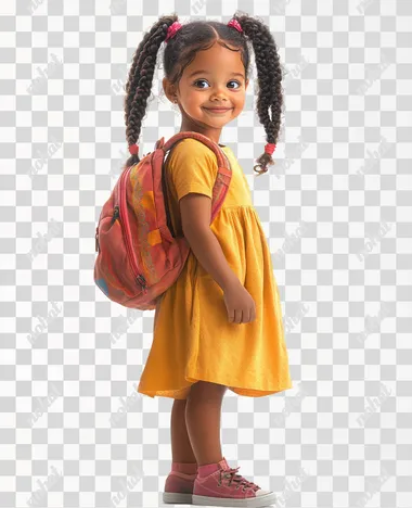 A lovely little girl, wearing a pair of Fried Dough Twists braids, wearing a yellow sports dress, carrying a backpack, full body front view, high-definition large picture, pure white background