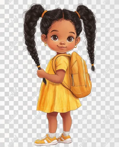 A lovely little girl, wearing a pair of Fried Dough Twists braids, wearing a yellow sports dress, carrying a backpack, full body front view, high-definition large picture, pure white background