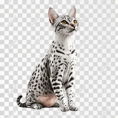 A vector illustration.A full-length front portrait of an Egyptian Mau cat sitting.This digital art illustration, created in Adobe Illustrator.The fur and shadows also adopt a vector illustration style.rich details.high-resolution masterpiece.The background is white.8K.