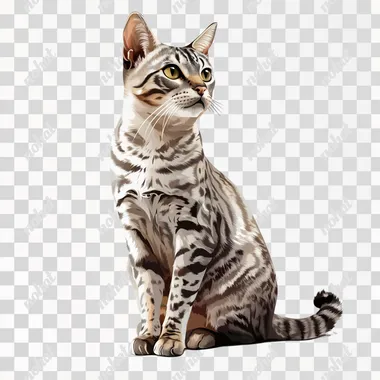 A vector illustration.A full-length front portrait of an Egyptian Mau cat sitting.This digital art illustration, created in Adobe Illustrator.The fur and shadows also adopt a vector illustration style.rich details.high-resolution masterpiece.The background is white.8K.