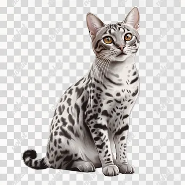 A vector illustration.A full-length front portrait of an Egyptian Mau cat sitting.This digital art illustration, created in Adobe Illustrator.The fur and shadows also adopt a vector illustration style.rich details.high-resolution masterpiece.The background is white.8K.
