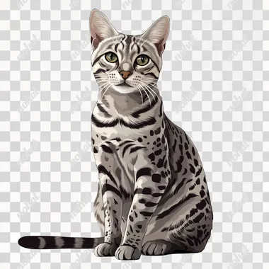 A vector illustration.A full-length front portrait of an Egyptian Mau cat sitting.This digital art illustration, created in Adobe Illustrator.The fur and shadows also adopt a vector illustration style.rich details.high-resolution masterpiece.The background is white.8K.