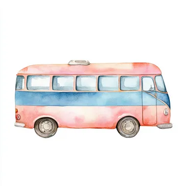 Watercolor cute cartoon style, side of a Bus, light watercolor illustration, soft pastel baby colors, nursery art, white background