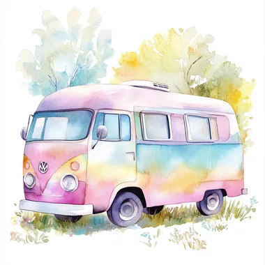 Watercolor cute cartoon style, side of a Bus, light watercolor illustration, soft pastel baby colors, nursery art, white background