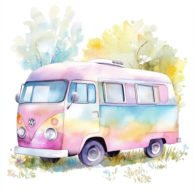 Whimsical Watercolor Vintage Bus Illustration