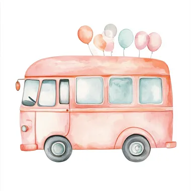 Watercolor cute cartoon style, side of a Bus, light watercolor illustration, soft pastel baby colors, nursery art, white background