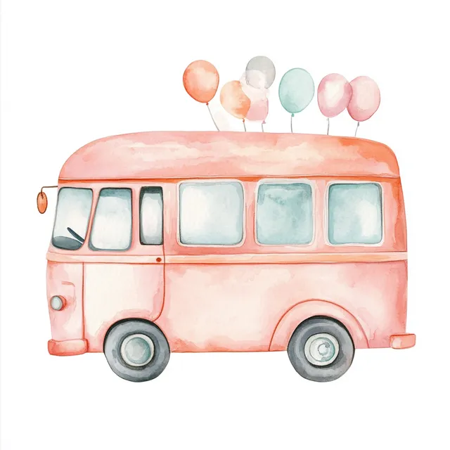 Pastel Watercolor Cartoon Bus with Balloons