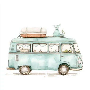 Watercolor cute cartoon style, side of a Bus, light watercolor illustration, soft pastel baby colors, nursery art, white background
